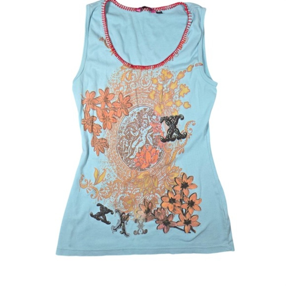 IDI by Mathew Womens Graphic‎ Tank Top Light Blue Floral Scoop Neck Large Y2K